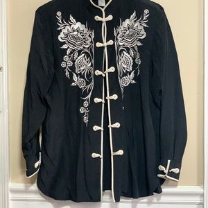 Bob Mackie Black Wearable Art Silk Embroidered Asian Style Button Up Blouse  L